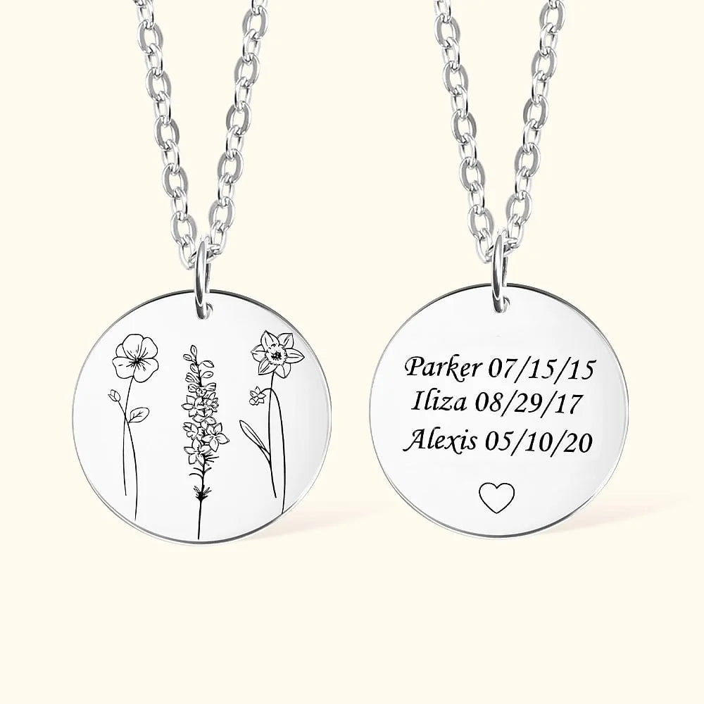 Personalized Birth Flowers Necklace with 1-4 Engraved Names Anniversary Mother's Day Gift for Her