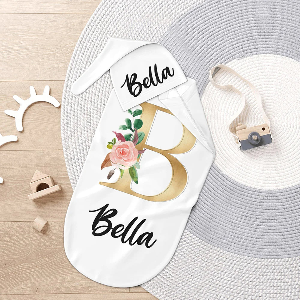 Personalised 100% Cotton Multicolor Flower Initial Name Swaddle and Knot Hat Set Ideal Newborn Gift for Baby Shower or Birthday