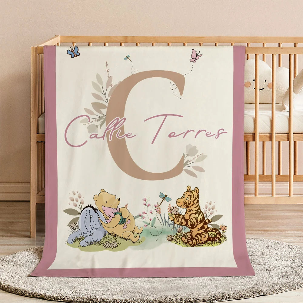 Personalized Soft Throw Blanket with Classic Winnie the Pooh, Name and Initial – Room Decor, Birthday or Baby Shower Gift for Babies and Kids