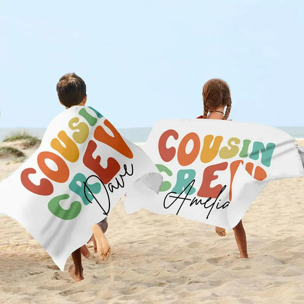 Personalized Colorful Cousin Crew Quick Dry Oversized Beach Towel with Name Summer Travel Essential Gift for Family Kids