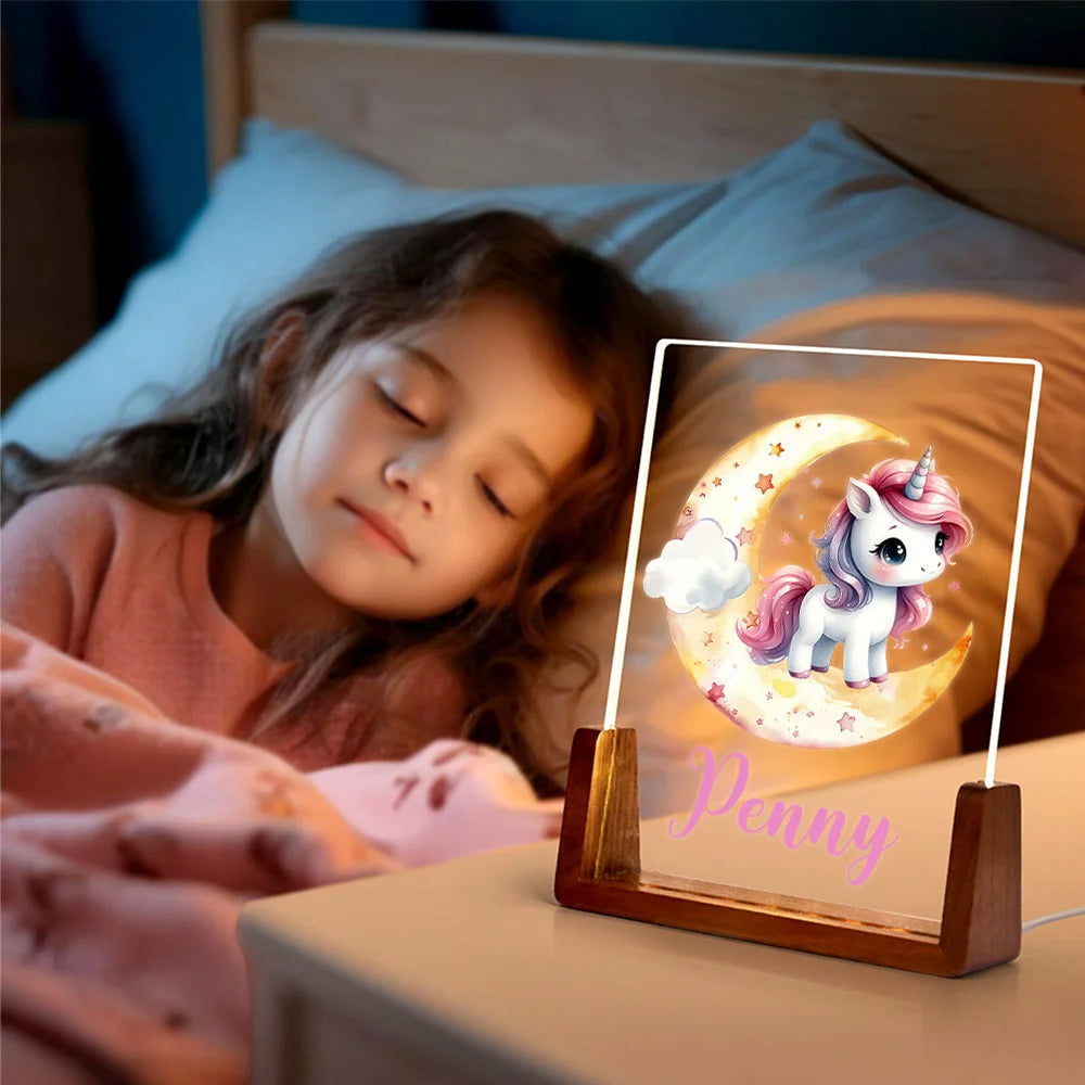 Personalised Magical Unicorn and Moon LED Night Light with Name – Cute Fantasy Design Wooden Base Nursery Decor Birthday or Baby Shower Gift for Kids