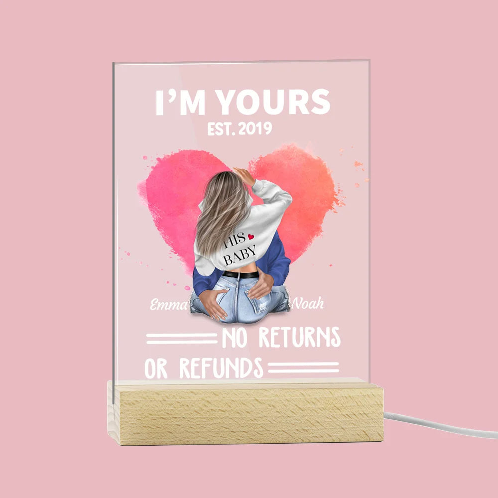 Personalised "I Am Yours No Returns or Refunds" LED Night Light with Wooden Base – Romantic Valentine's Day Gift for Couples