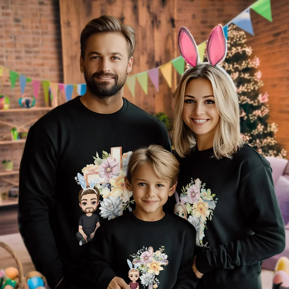 Personalised Bunny Ear Cross Birth Flower Cartoon T-Shirt or Sweatshirt with Name Easter Party Gift for Kids and Family