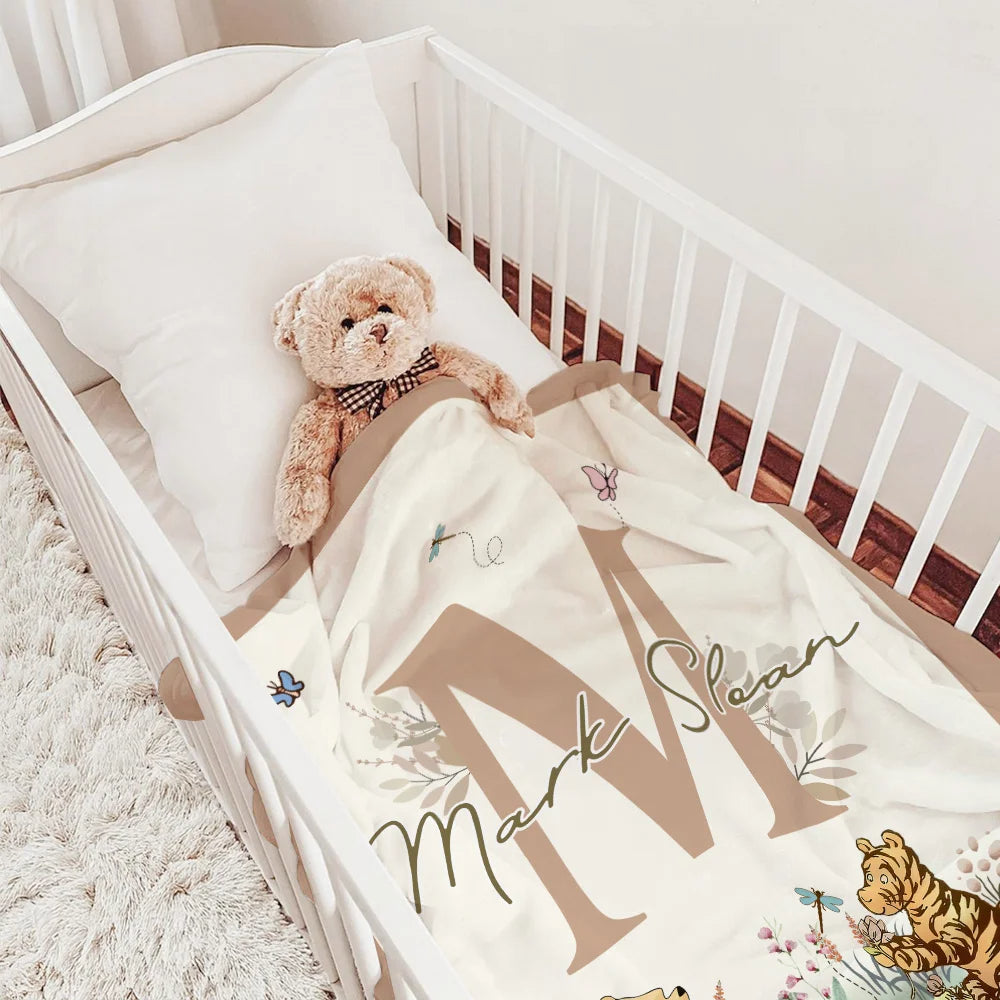 Personalized Soft Throw Blanket with Classic Winnie the Pooh, Name and Initial – Room Decor, Birthday or Baby Shower Gift for Babies and Kids