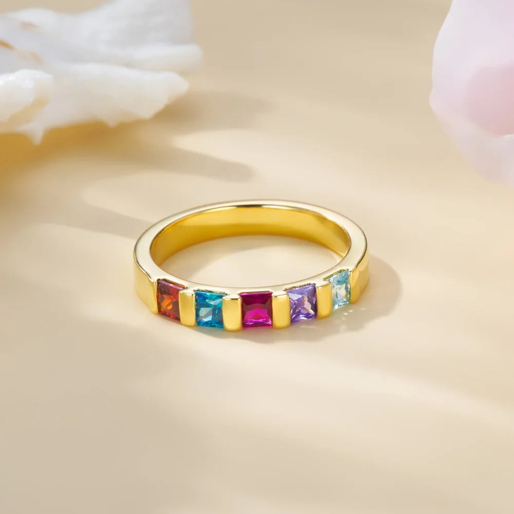 Personalized 1-6 Rectangular Birthstones Ring Family Jewelry Mother's Day Birthday Christmas Gift for Women