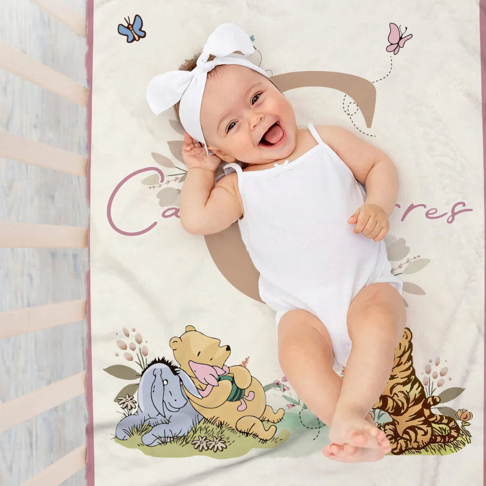 Personalized Soft Throw Blanket with Classic Winnie the Pooh, Name and Initial – Room Decor, Birthday or Baby Shower Gift for Babies and Kids