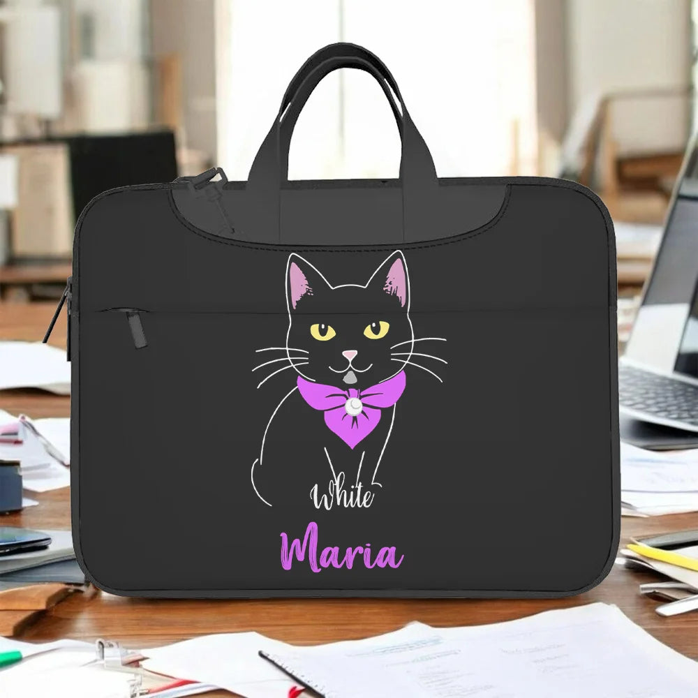 Personalized Cute Black Cat Waterproof Laptop Bag - Adjustable Strap & Custom Name Gift for Students/Office Workers