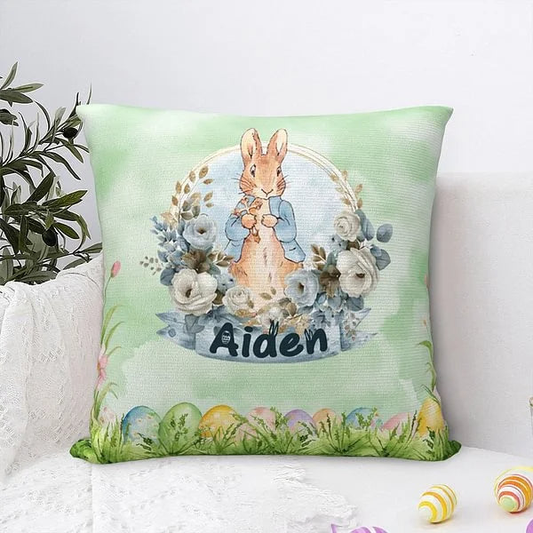 Personalised Floral Cross Peter Rabbit Eggs Pillow Cover with Name Home Decor Soft Throw Pillow Easter Birthday and Baby Shower Gift for Kids Family