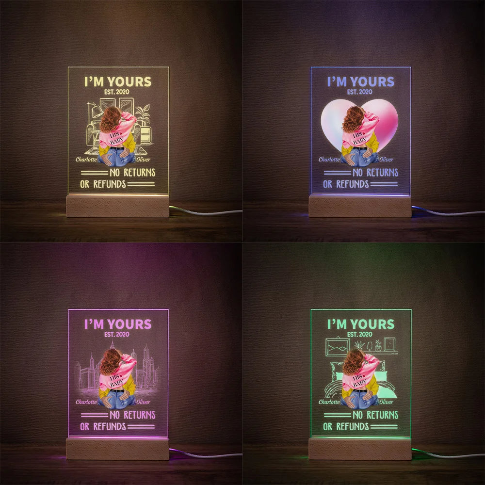 Personalised "I Am Yours No Returns or Refunds" LED Night Light with Wooden Base – Romantic Valentine's Day Gift for Couples