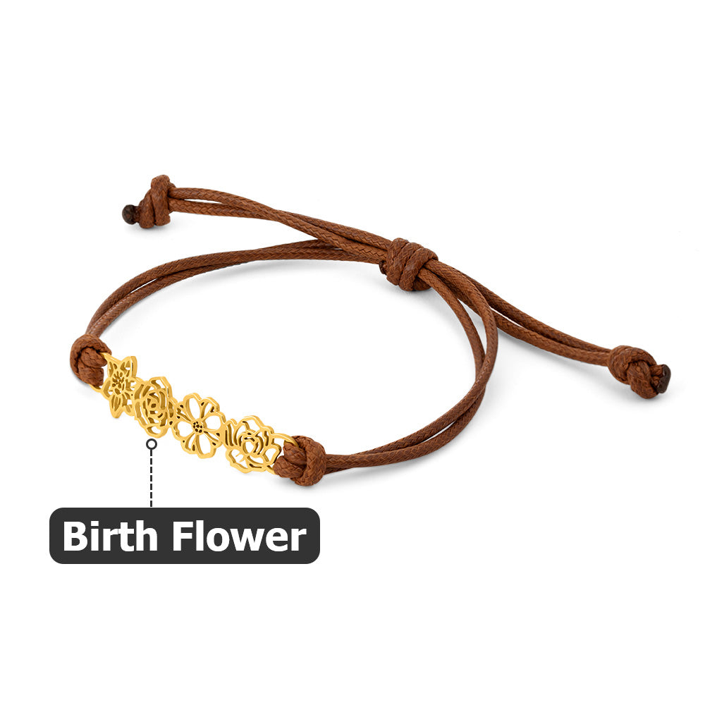Personalized Minimalist Adjustable 1-8 Birth Flower Waxed Line Bracelet Charm Jewelry Birthday Christmas Gift for Women