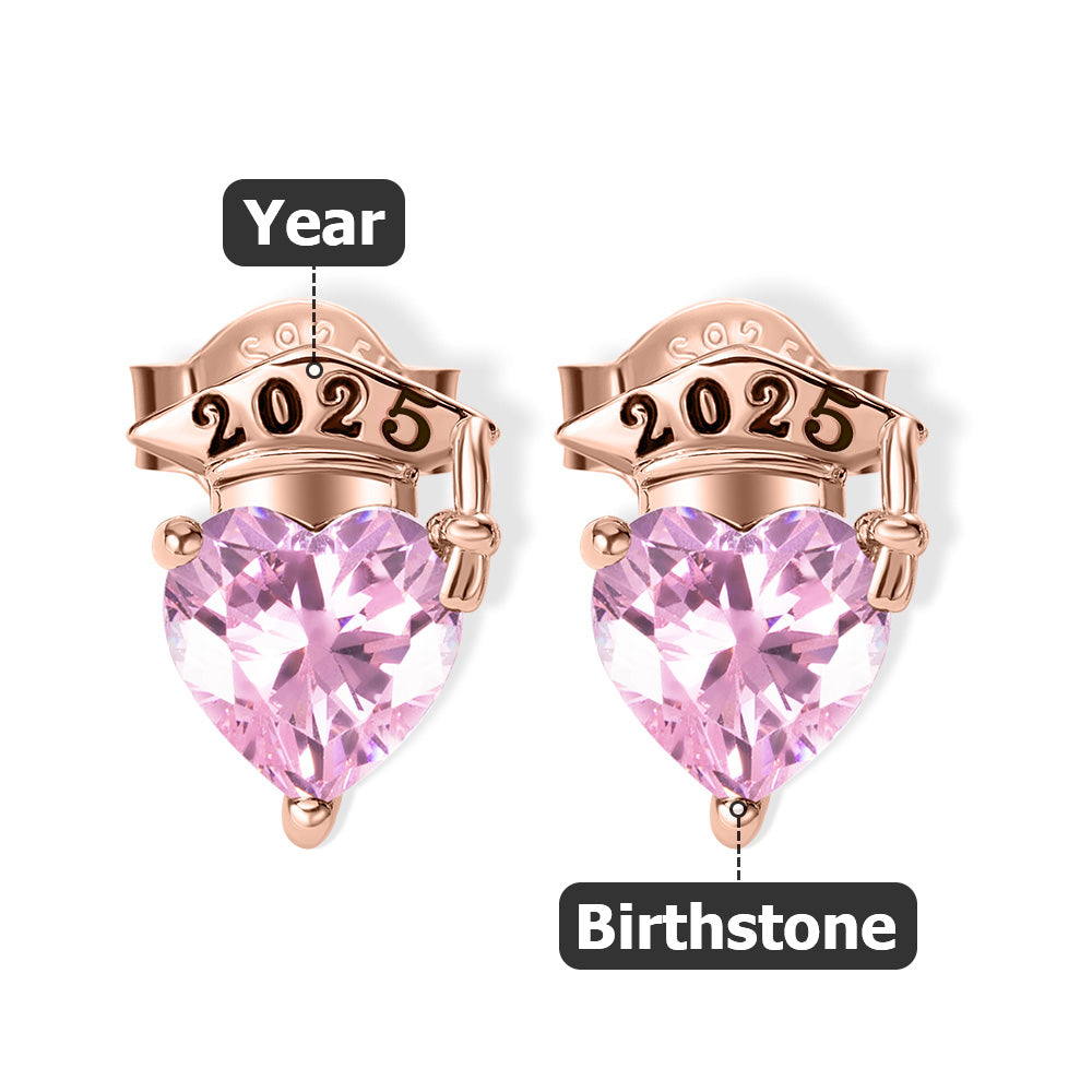 Personalized Graduation Cap Heart Birthstone Stud Earrings with Engraved Year and Earrings Display Card Graduation Birthday Gift for Women