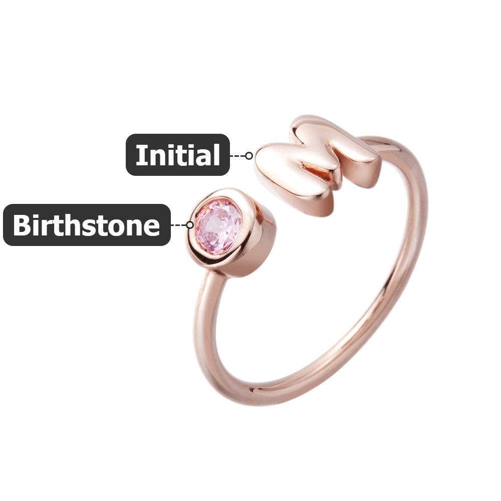 Personalized Cute 3D Bubble Letter Birthstone Adjustable Ring Dainty Jewelry Birthday Anniversary Gift for Women Girls
