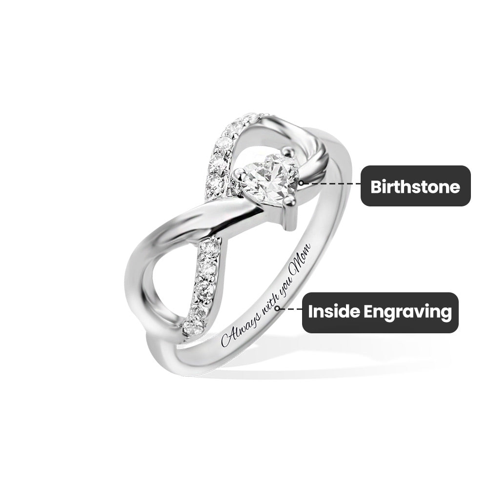 Personalized Angel Wing Infinity Ring with Heart Birthstone and Engraved Text Birthday Anniversary Gift for Her