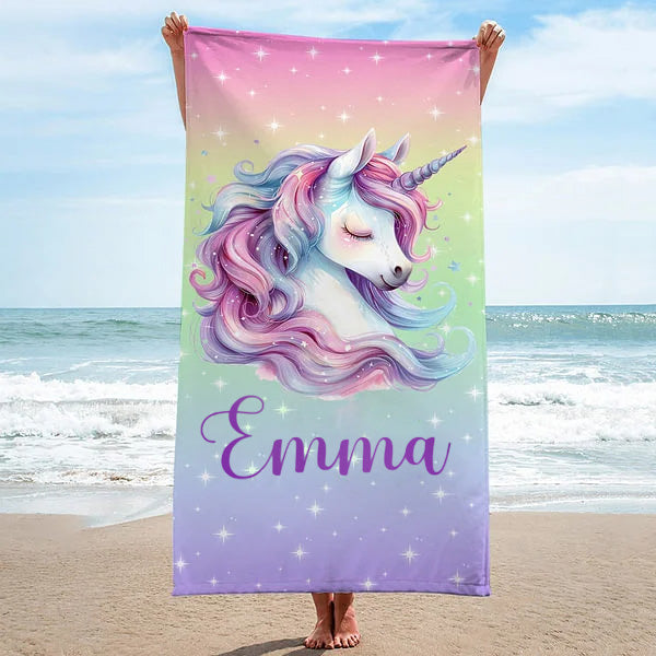 Personalized Oversized Quick Dry Fantasy Unicorn Beach Towel with Name Summer Travel Essential Birthday Gift for Girls