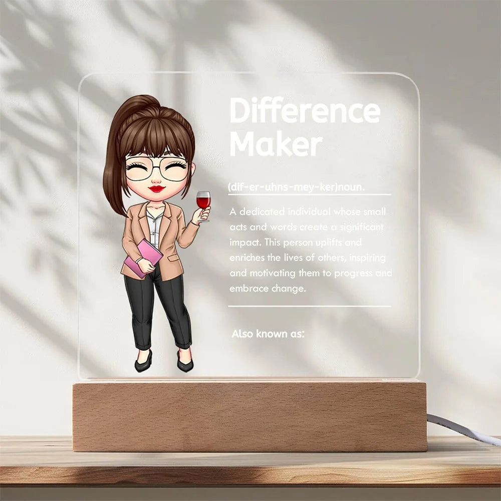 Personalised Cartoon Difference Maker LED Night Light with Name and Wooden Base – Thoughtful Teacher's Day or Birthday Gift for Educators