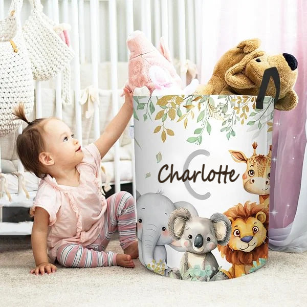 Custom Name Jungle Animal Laundry Basket – Large Waterproof Storage with Handle, Cute Gift for Kids