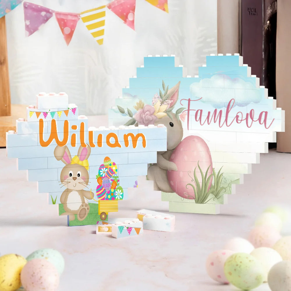 Personalised Adorable Bunny and Easter Egg Heart-Shaped Building Brick Puzzle with Name – Fun Easter Party or Birthday Gift for Kids