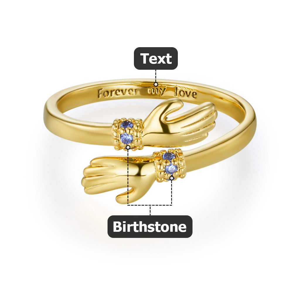 Personalized Birthstone Love Embrace Hug Adjustable Ring with Engraved Name and Card Dainty Jewelry Birthday Anniversary Gift for Women