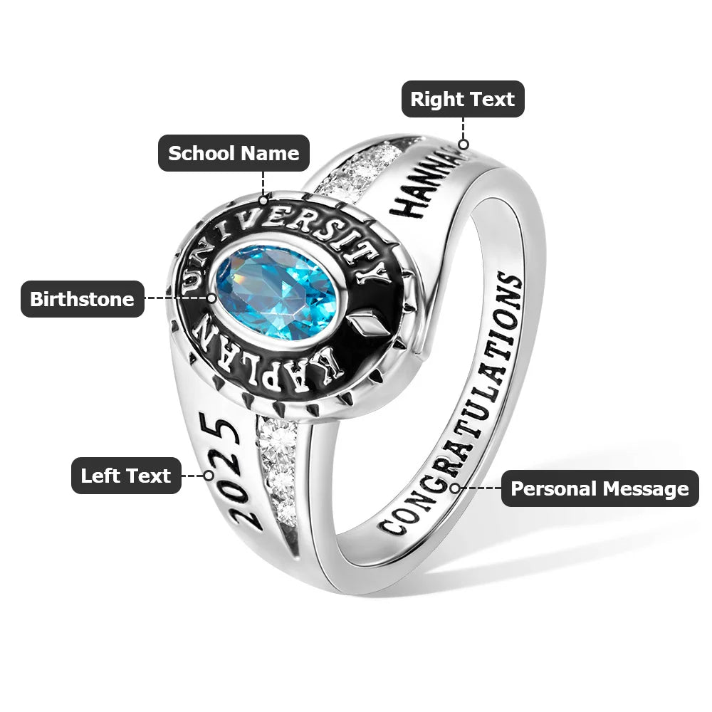Personalized Engraved Birthstone Graduation Ring with Text Graduation Gift for Class of 2025 Graduates