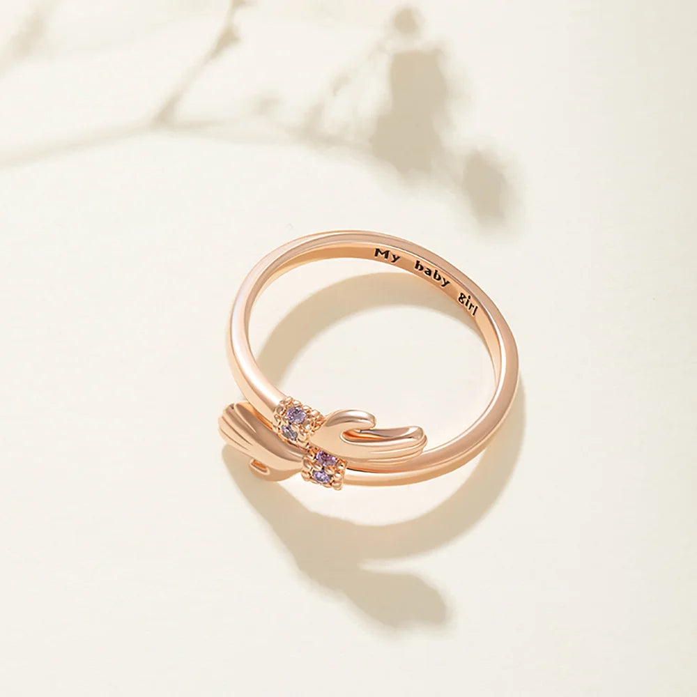 Personalized Birthstone Love Embrace Hug Adjustable Ring with Engraved Name and Card Dainty Jewelry Birthday Anniversary Gift for Women