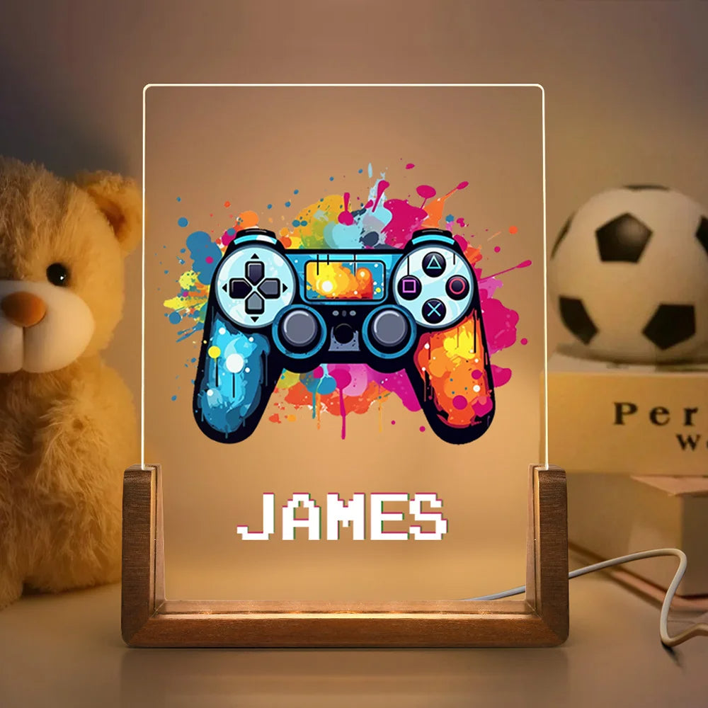 Personalised LED Night Light with Colorful Splash Ink Gamepad Design, Pixel Name and Wooden Base – Fun Nursery or Birthday Gift for Kids