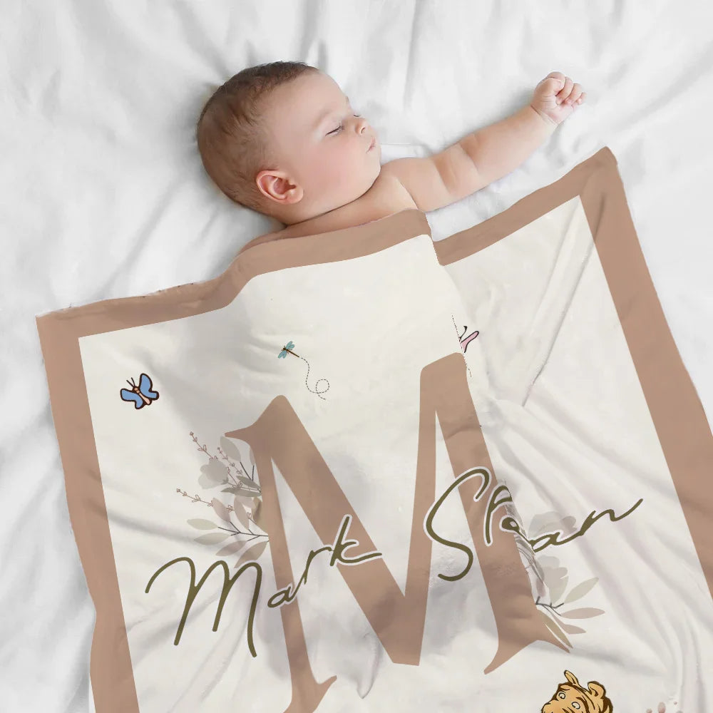 Personalized Soft Throw Blanket with Classic Winnie the Pooh, Name and Initial – Room Decor, Birthday or Baby Shower Gift for Babies and Kids