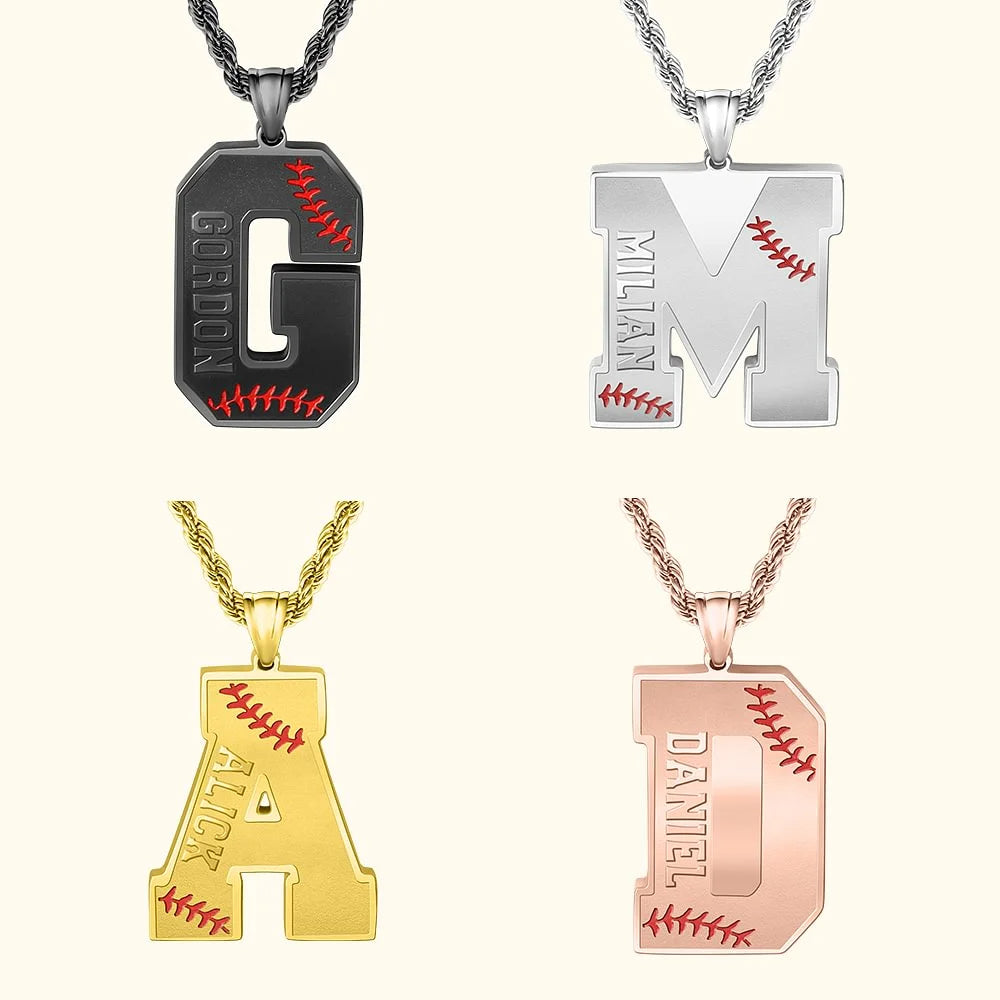 Personalised Engraved Baseball Initial Men's Necklace with Name for Birthday Gift for Sport Lovers