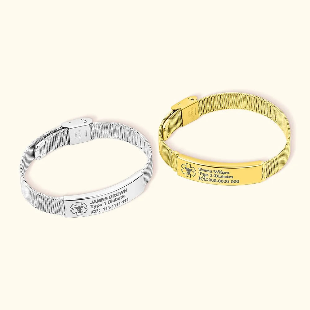 Personalized Adjustable Emergency Medical Alert ID Mesh Band Bracelet with Engraved Text Birthday Gift for Diabetes Allergy Epilepsy Autism