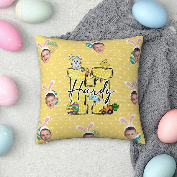 Personalised Soft Throw Pillow Cover with Name Colorful Polka Dot Cute Easter Bunny 1–3 Photos Easter Party Gift for Boys Girls