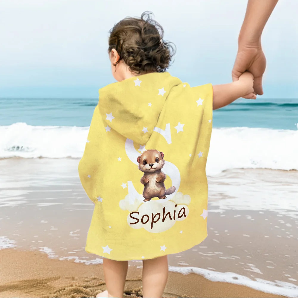 Personalized Oversized Hooded Beach Towel with Forest Animals, Name and Initial – Super Absorbent Travel Summer Vacation Birthday Gift for Kids