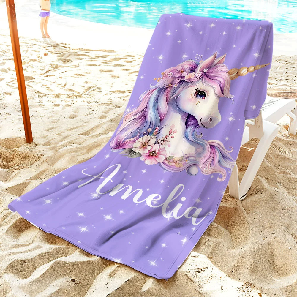 Personalized Oversized Quick Dry Fantasy Unicorn Beach Towel with Name Summer Travel Essential Birthday Gift for Girls