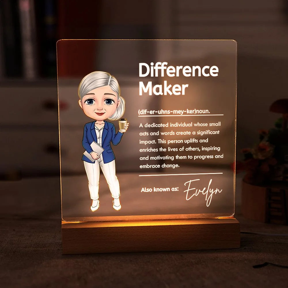 Personalised Cartoon Difference Maker LED Night Light with Name and Wooden Base – Thoughtful Teacher's Day or Birthday Gift for Educators
