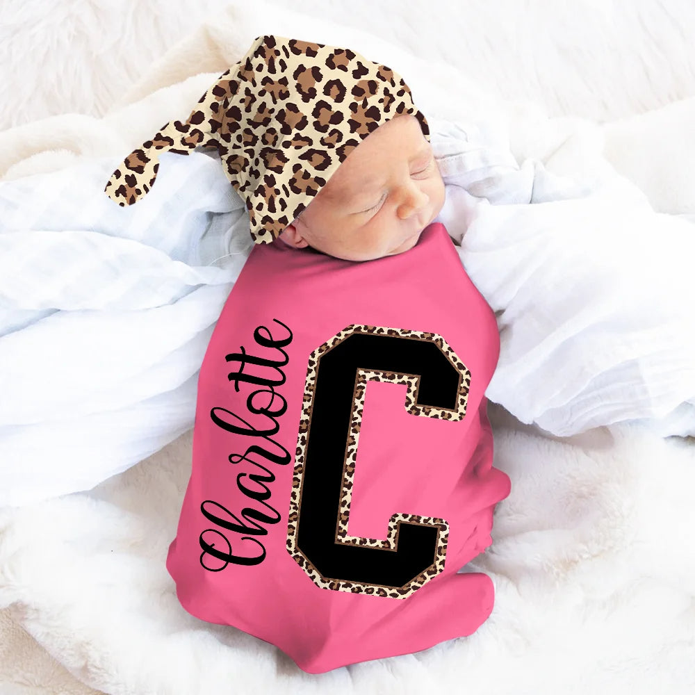 Personalised Leopard Initial Name Newborn Swaddle and Knot Hat Set 100% Cotton Baby Shower or Birthday Gift
