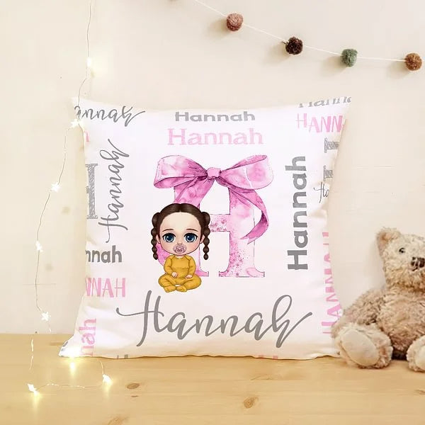 Personalised Baby Name Pillow Cover with Soft Cartoon Bow and Initial Adorable Nursery Decor and New Mom Gift