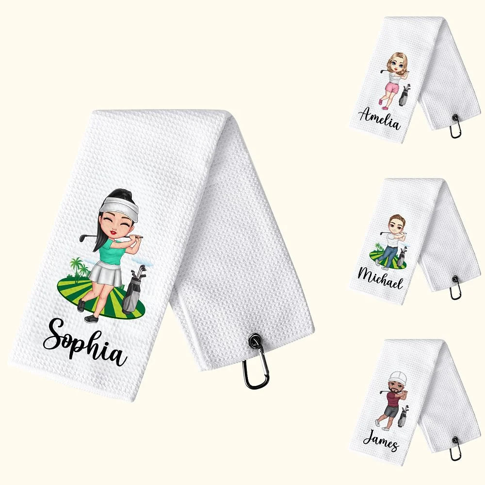 Personalised Colorful Male and Female Cartoon Character Quick-Dry Waffle Towel with Name – Golf Course Sports Accessory Gift for Golf Lovers