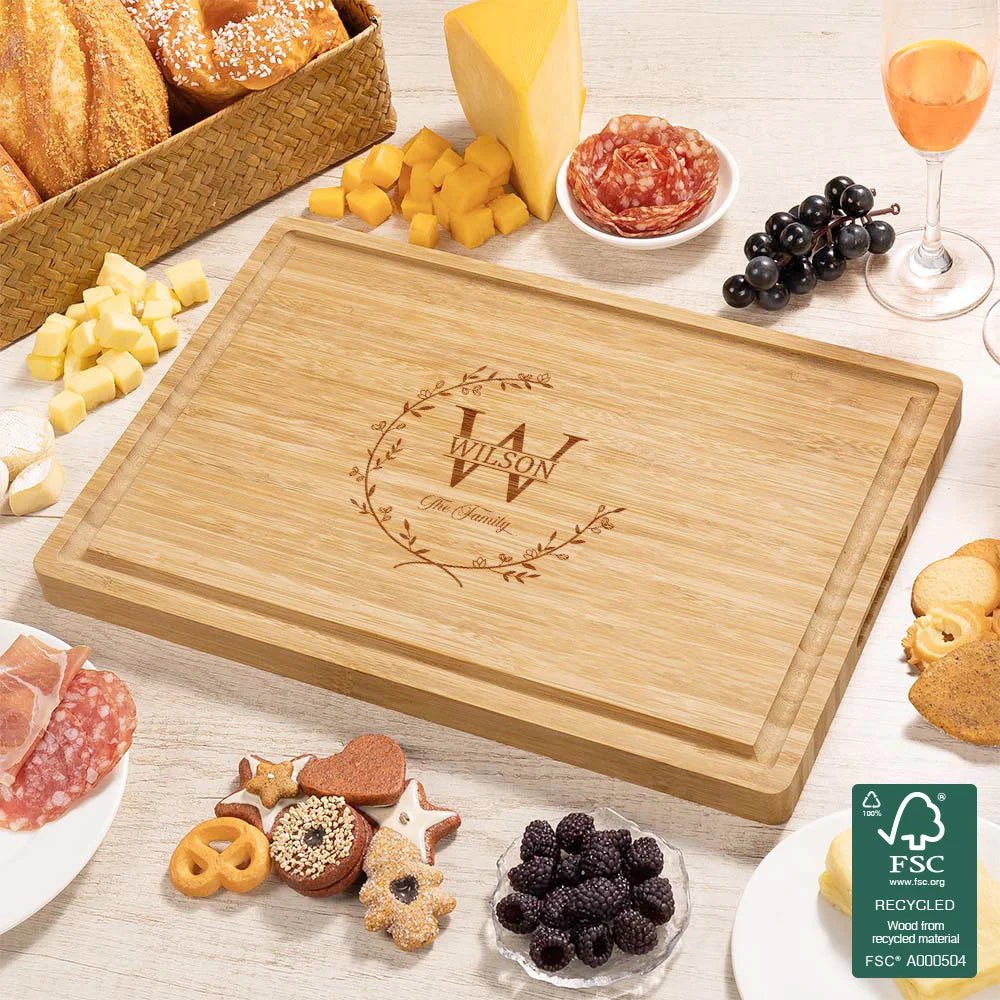 Personalised Bamboo Cutting Board with Engraved Leaf Wreath, Initial and Name – Thoughtful Housewarming or Realtor Gift for Family and Friends