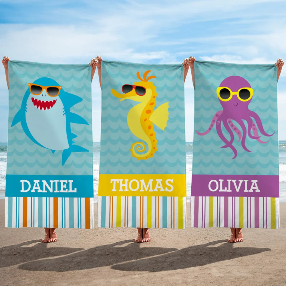 Personalized Oversized Quick-Dry Beach Towel with Name Cute Sea Creatures Sunglasses Stripes – Travel Essential Vacation Birthday Gift for Girls Boys