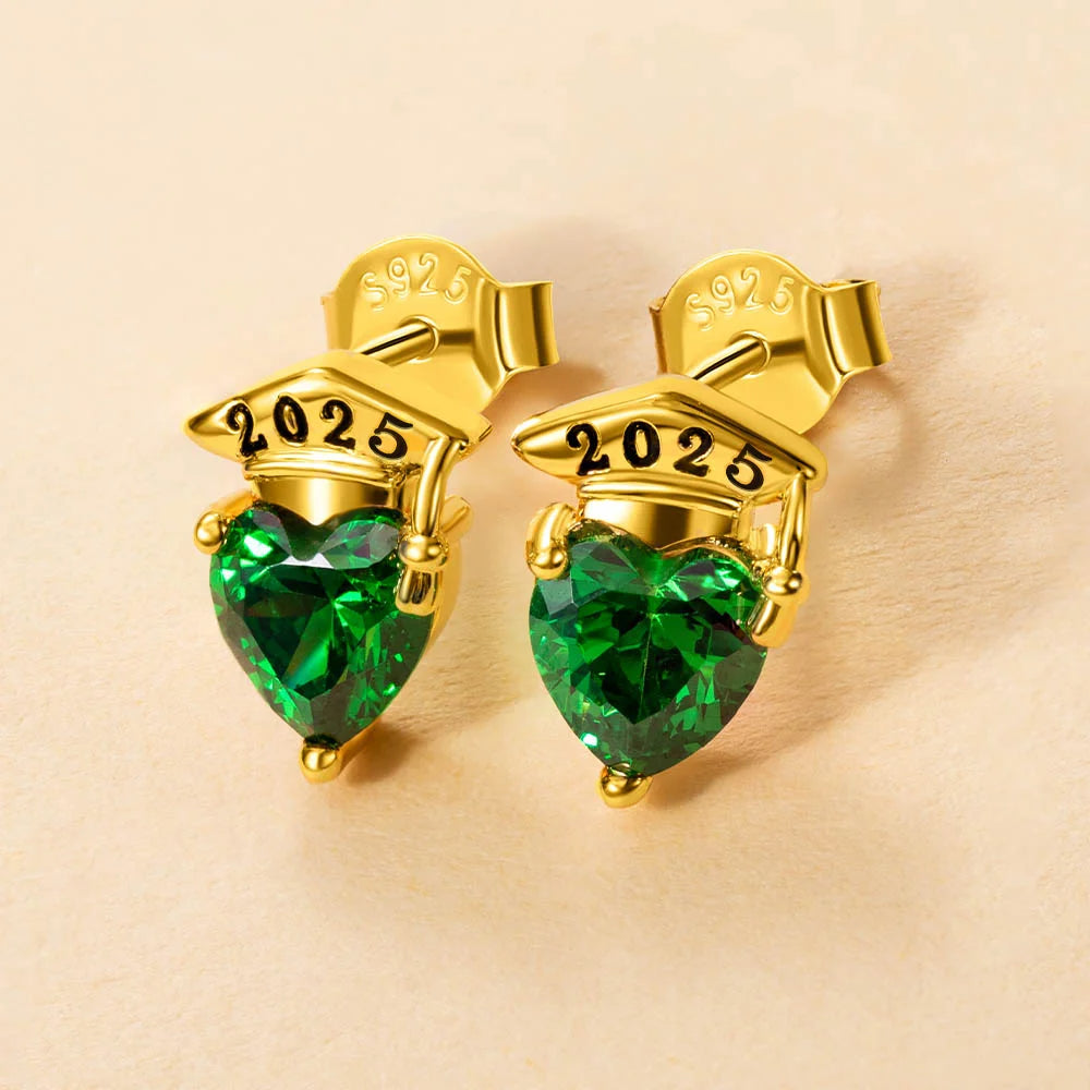 Personalized Graduation Cap Heart Birthstone Stud Earrings with Engraved Year and Earrings Display Card Graduation Birthday Gift for Women