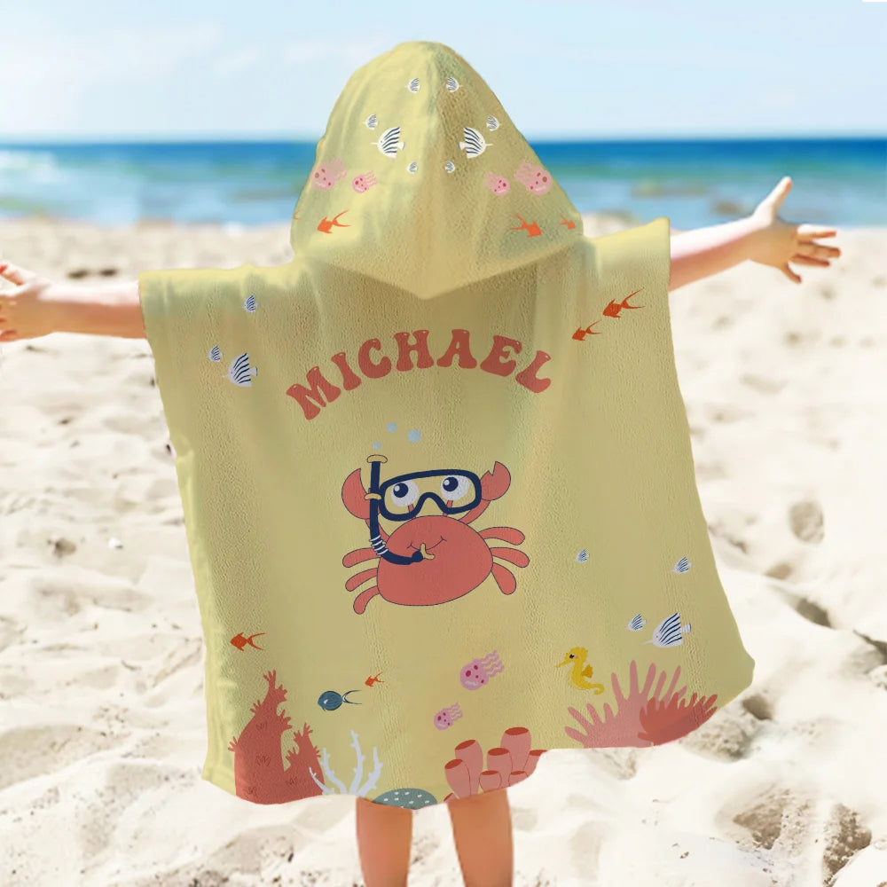 Personalized Multicolor Hooded Beach Towel with Name Soft Quick-Dry Design Featuring Diving Bear Rabbit Animals Perfect Beach Pool Birthday Gift for Kids