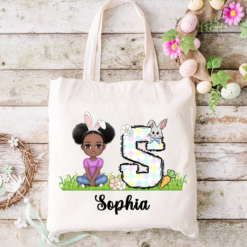 Personalised Bunny Floral Cartoon Character Canvas Tote Bag with Name and Initial Easter Egg Hunt Party Favor Gift for Kids