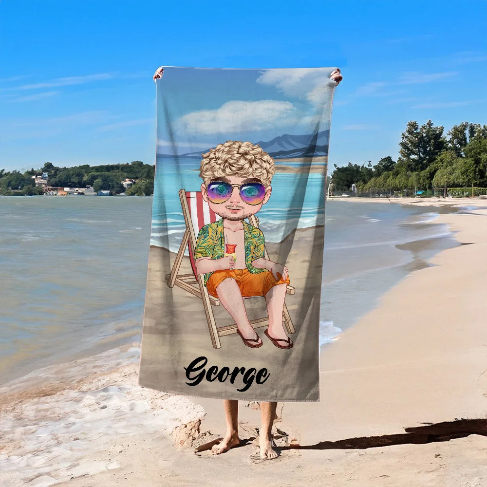 Personalized Beach Towel Sky Blue Sunset | Quick-Dry Oversized Microfiber with Vibrant Cartoon Design | Summer Travel Gift for Family and Friends Custom Name
