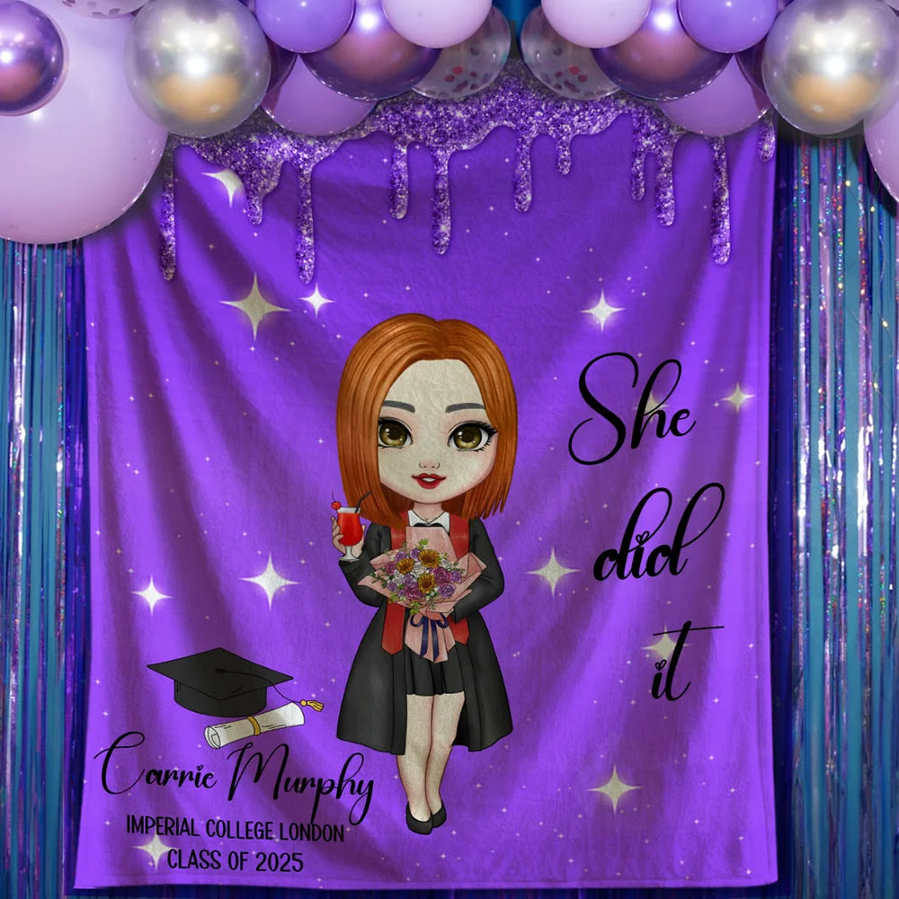 Personalised Class of 2025 Graduation Cartoon Blanket with Name Multicolor Grad Hat & Scroll Design, Ideal Gift for Graduates