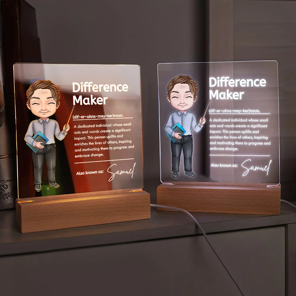 Personalised Cartoon Difference Maker LED Night Light with Name and Wooden Base – Thoughtful Teacher's Day or Birthday Gift for Educators