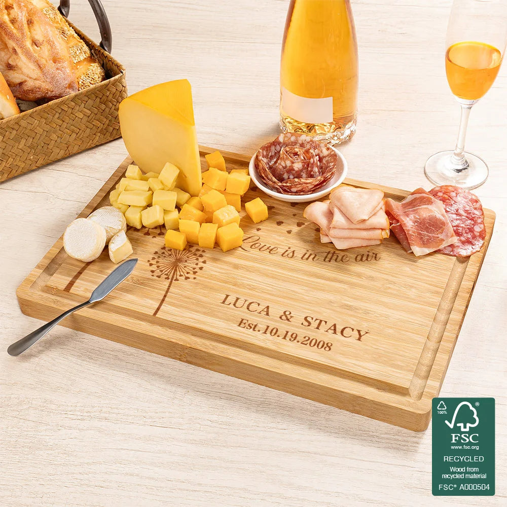 Personalised FSC Bamboo Charcuterie Board with Dandelion Love Design Name Juice Groove – Ideal Housewarming or Wedding Gift for Couples Friends