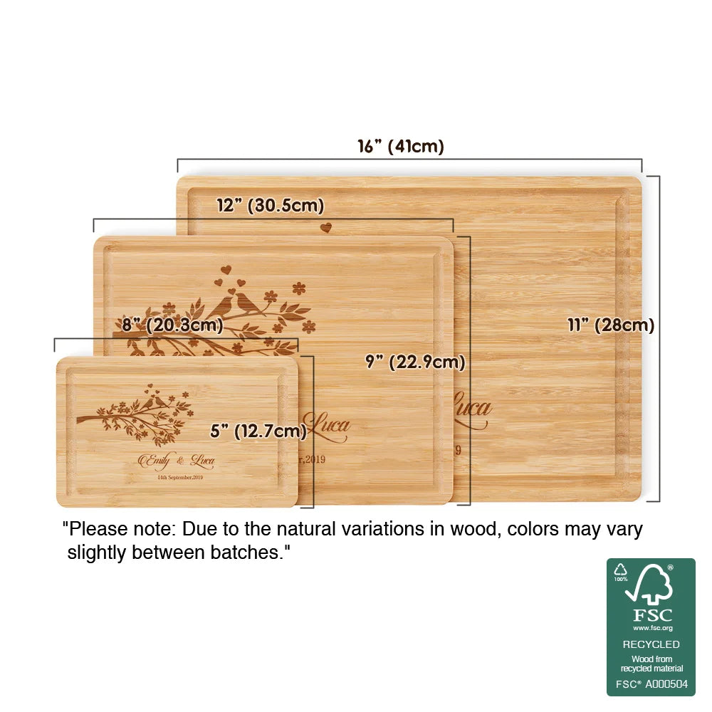 Personalised Lover Tree Bamboo Cutting Board with Engraved Names and Juice Groove – Wedding or Housewarming Gift for Couples