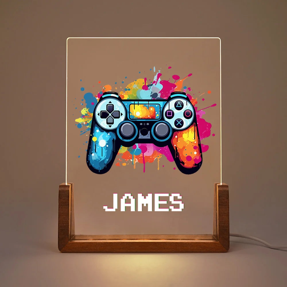 Personalised LED Night Light with Colorful Splash Ink Gamepad Design, Pixel Name and Wooden Base – Fun Nursery or Birthday Gift for Kids