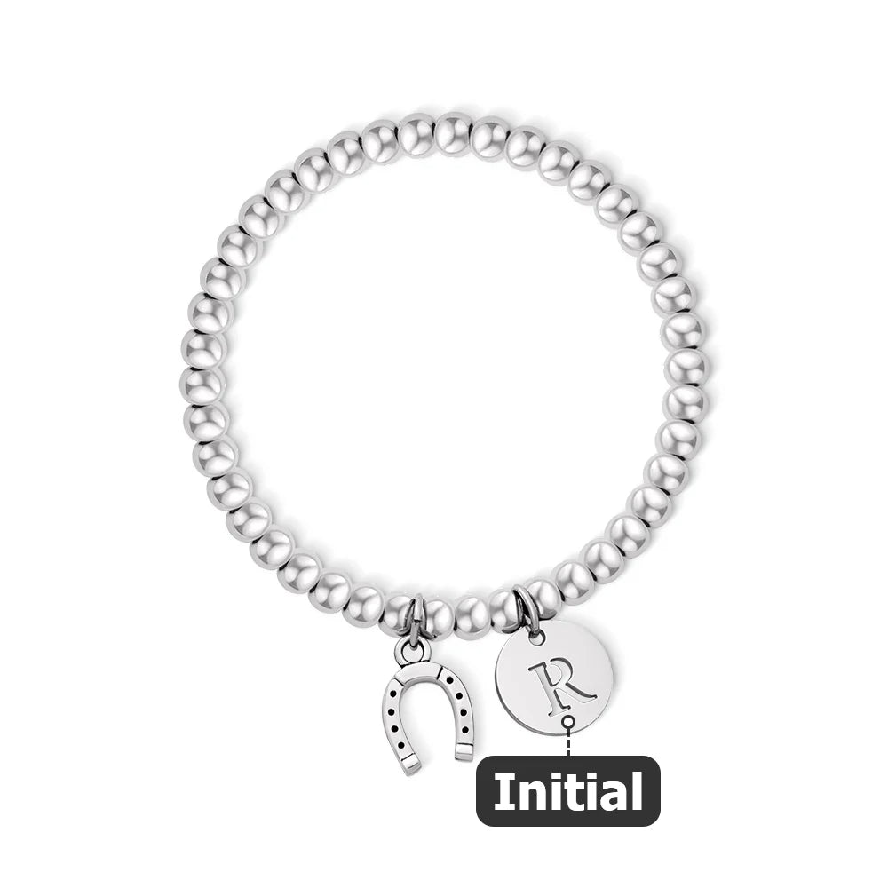 Personalized Lucky Horseshoe Elastic Bead Bracelet Jewelry with Initial Birthday Baptism Anniversary Gift for Kids Adults