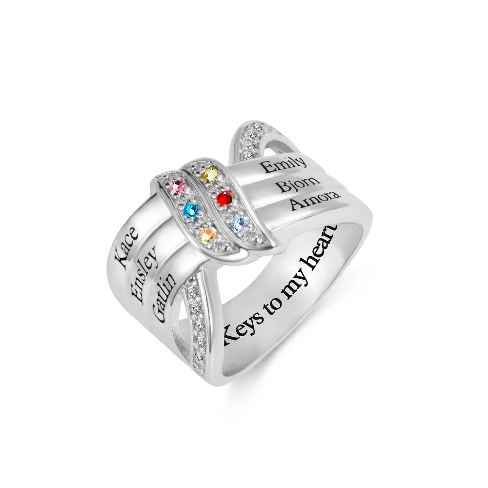Personalized Ribbon Knot Ring with 1-8 Birthstones and Engraved Names Zircon Family Jewelry Mother's Day Birthday Gift for Mom Grandma