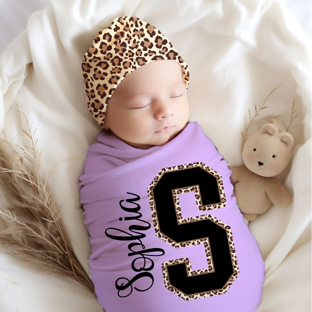 Personalised Leopard Initial Name Newborn Swaddle and Knot Hat Set 100% Cotton Baby Shower or Birthday Gift