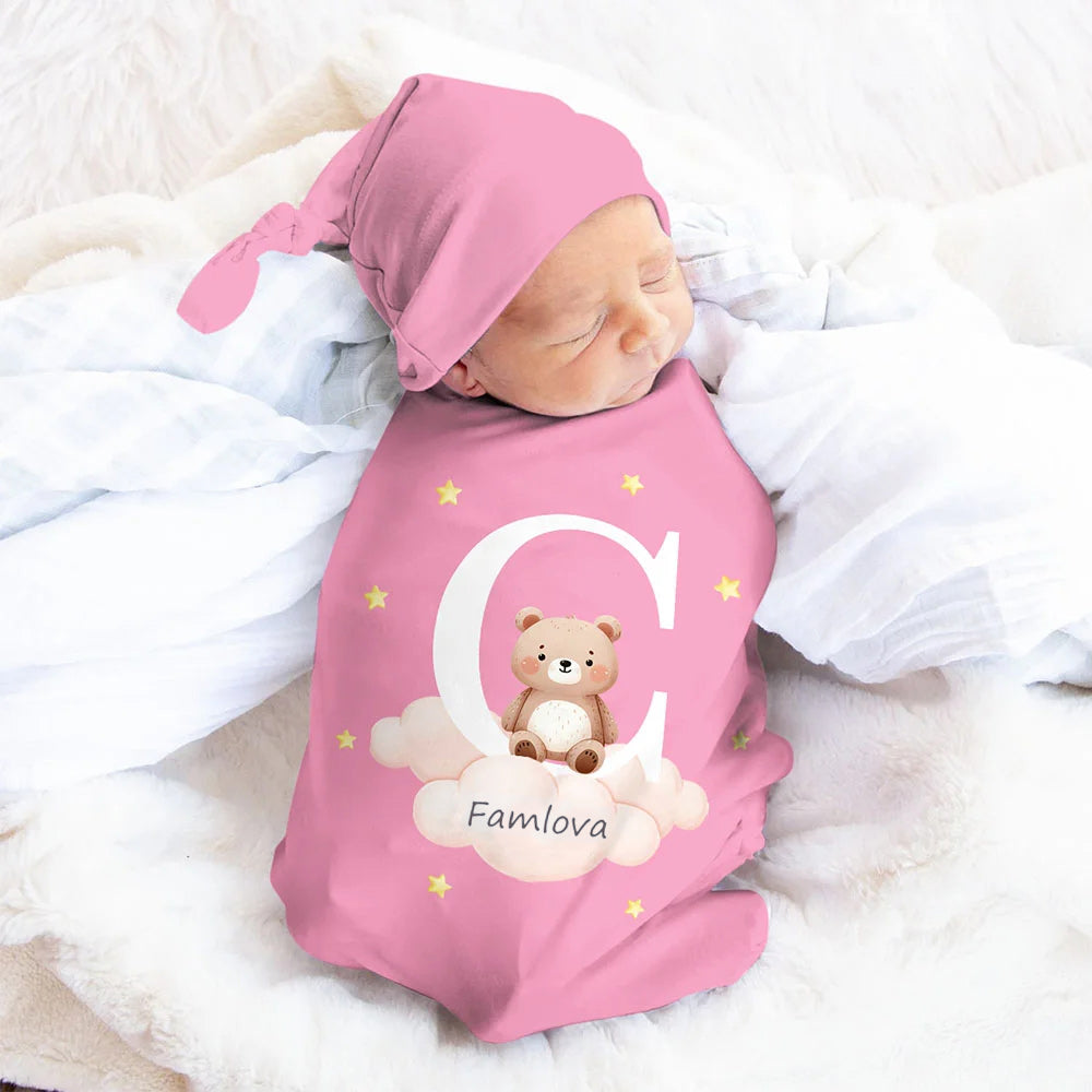 Personalized Baby Swaddle Set | Embroidered Cotton Animal Hat & Blanket for Baptism Gifts, Baby Shower Essentials